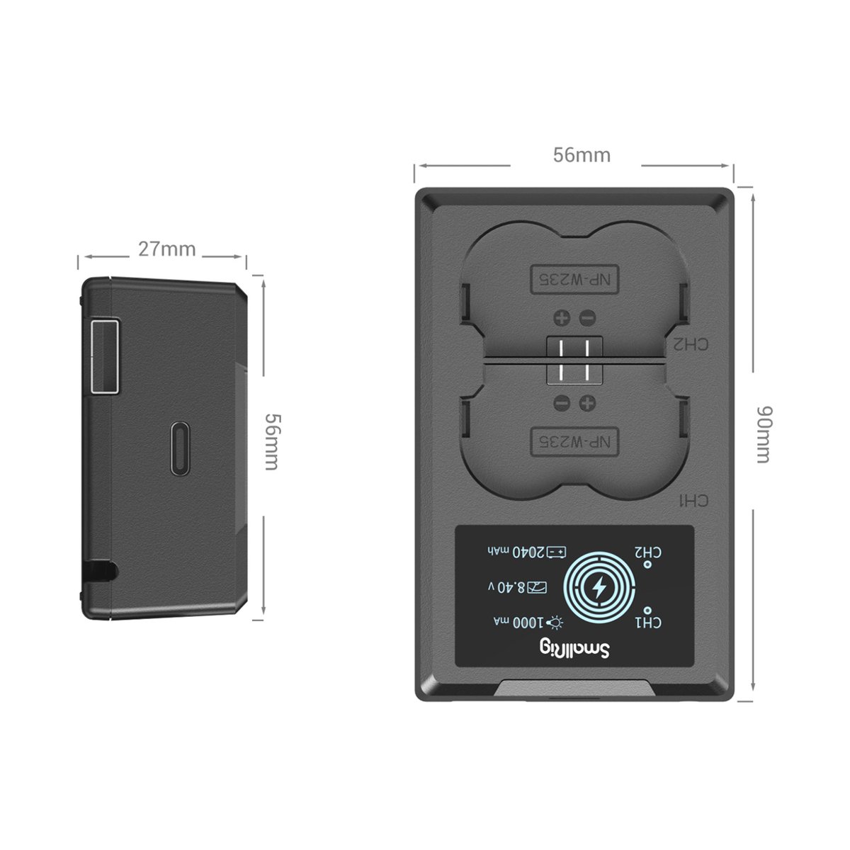 SmallRig 4085 NP-W235 Akku Ladegerät - Abmessungen und Designansichten des SmallRig Dual-Ladegeräts