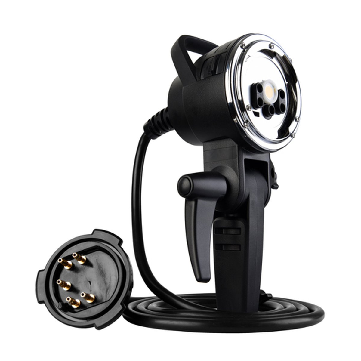 Godox 1200ws externer Blitzkopf AD1200 Godox Halterung - Gesamtansicht: Schwarzer Tauchlampen-Kopf mit chromfarbener Front, Kabel und abgenommenem Mehrfachstecker.