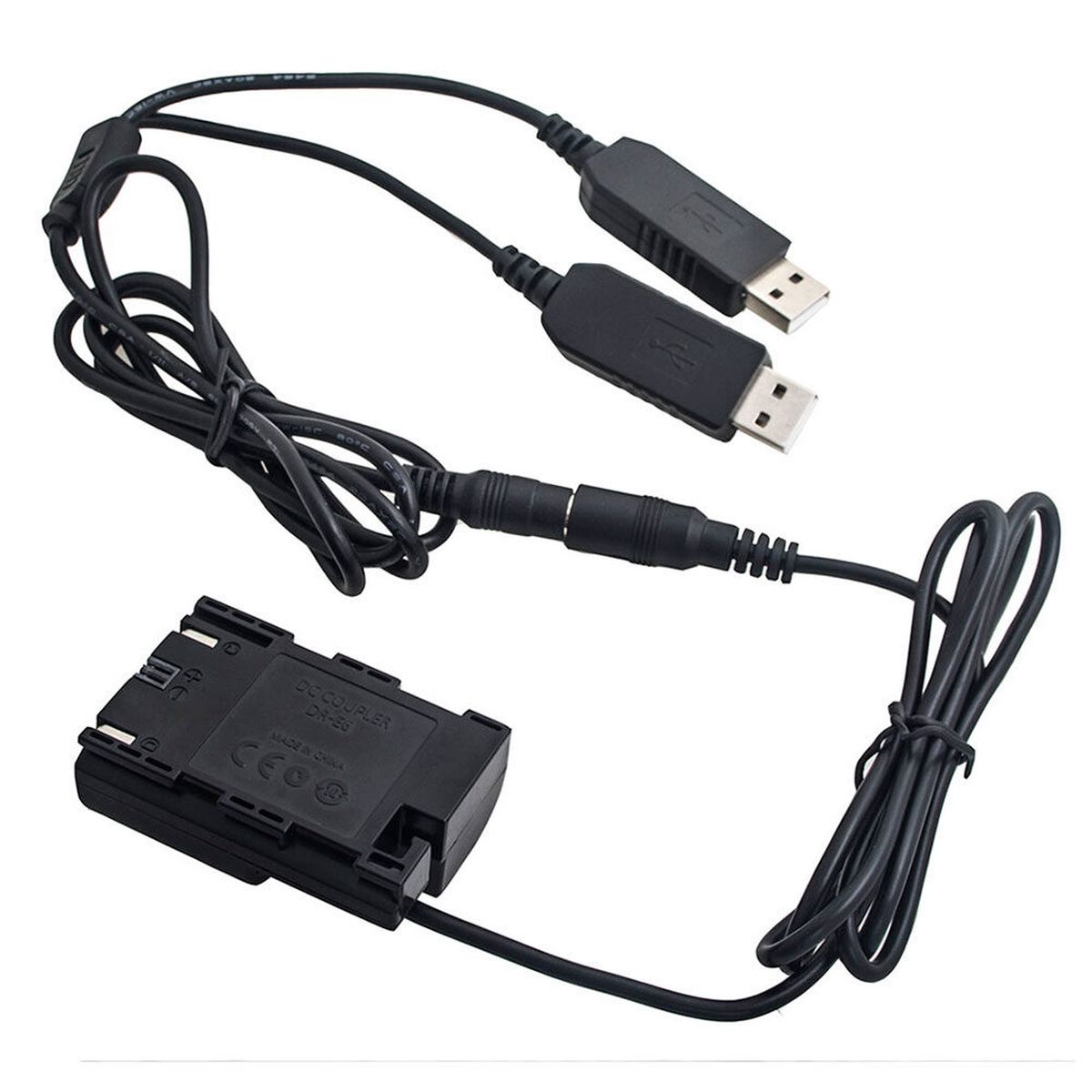 Caruba Volldecodierungs-Akku-Dummy für Canon LP-E6 mit 5V 2A Dual USB-Kabel