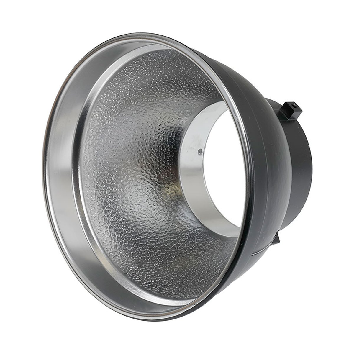 Godox Standard Reflector 7" Bowens mount - Schrägansicht eines silbernen Lichtreflektors mit strukturierter Innenfläche