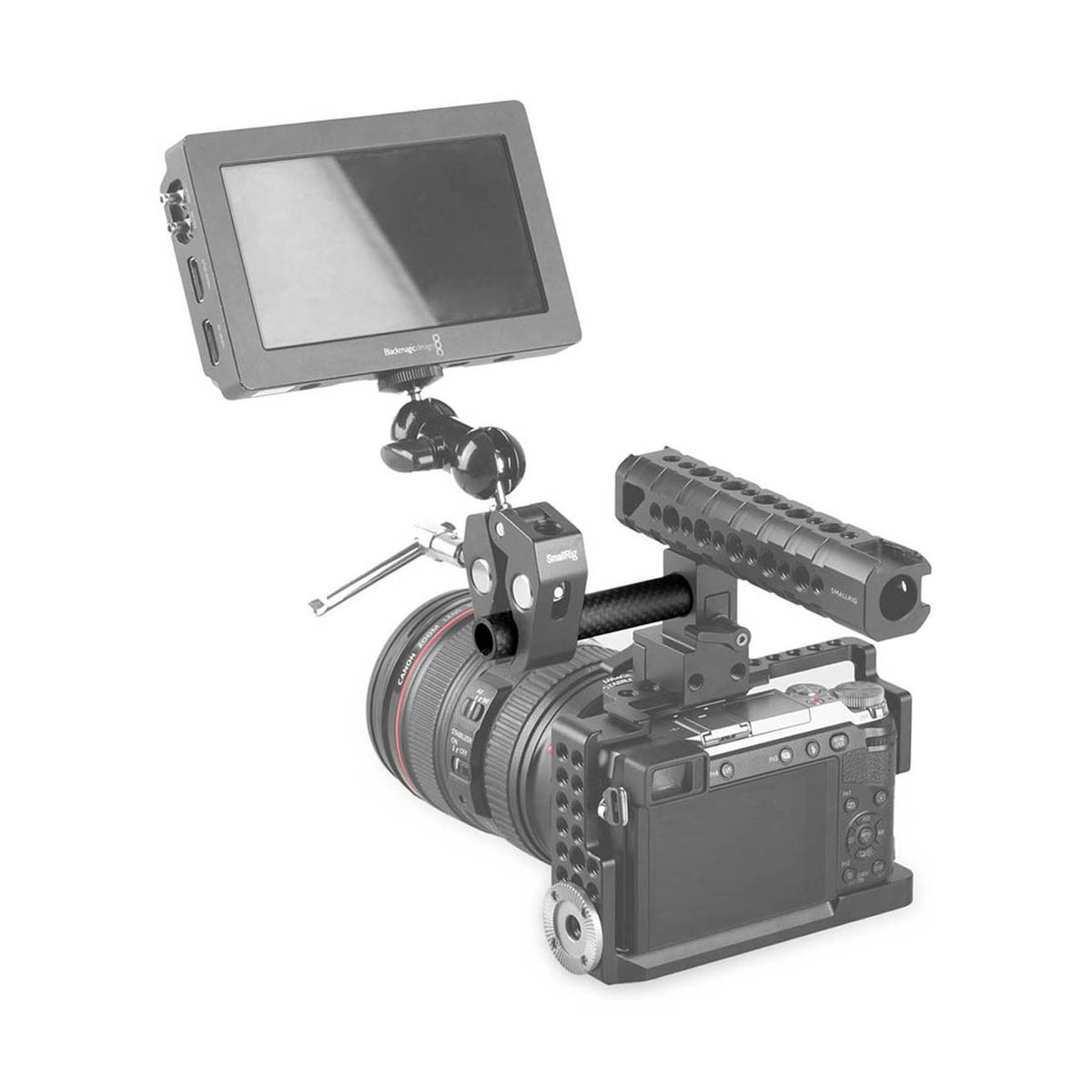 SmallRig 1871 Carbon Fiber 15 mm Rod (100 mm/4") - Anwendungsbeispiel: Kamera-Rig mit externem Monitor, Top-Griff und Objektiv