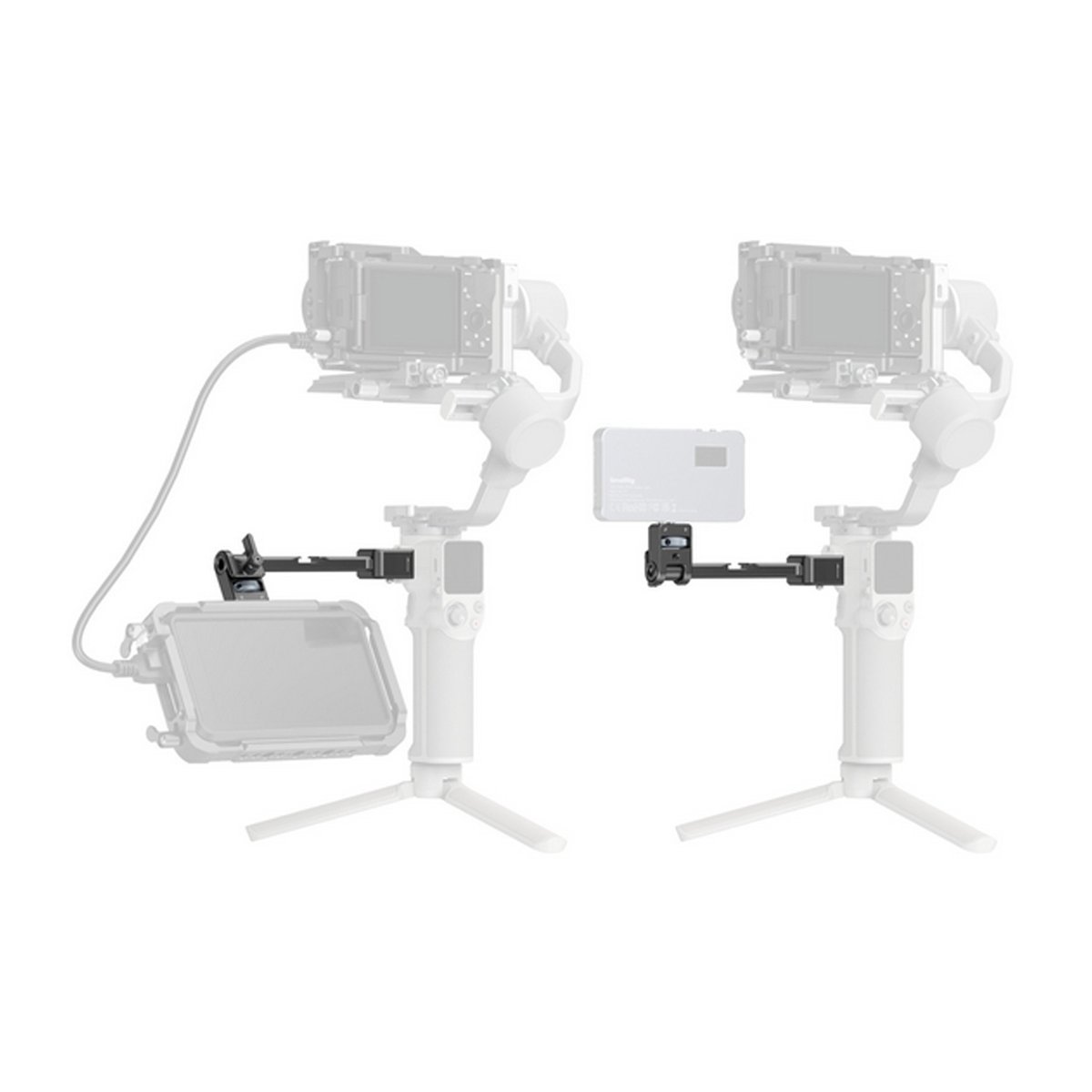 SmallRig 5337 Monitor Mount for DJI RS Series - Anwendungsbeispiele des Montagearms: Befestigung von externem Monitor und LED-Licht an einem Gimbal.