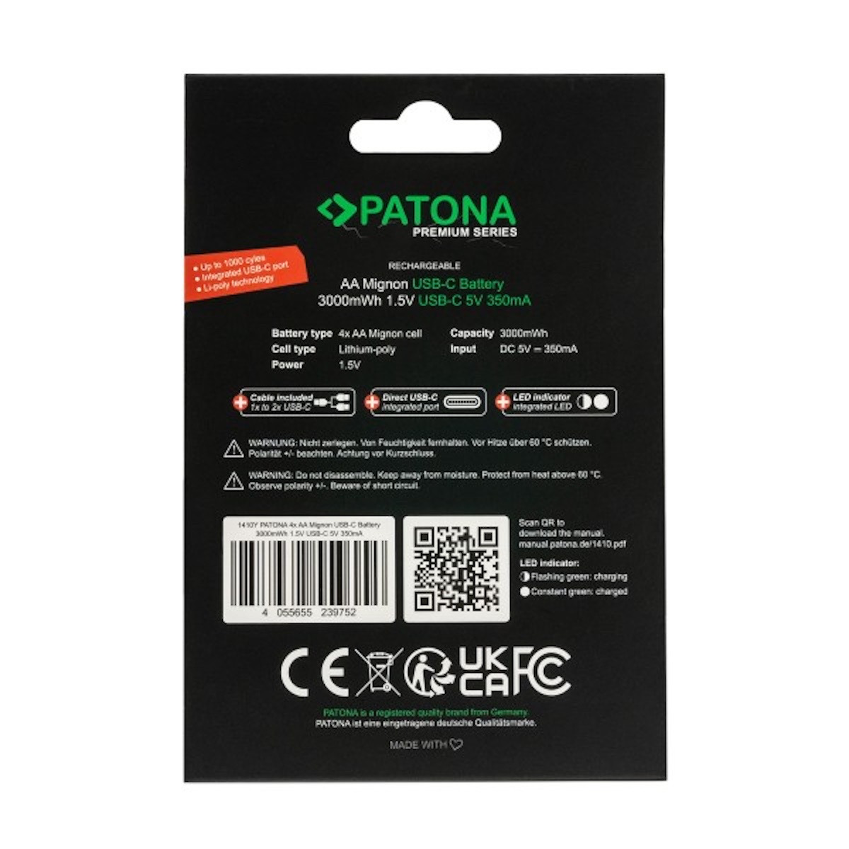 Patona Premium USB-C 4x AA Mignon Akkus 3000 mWh