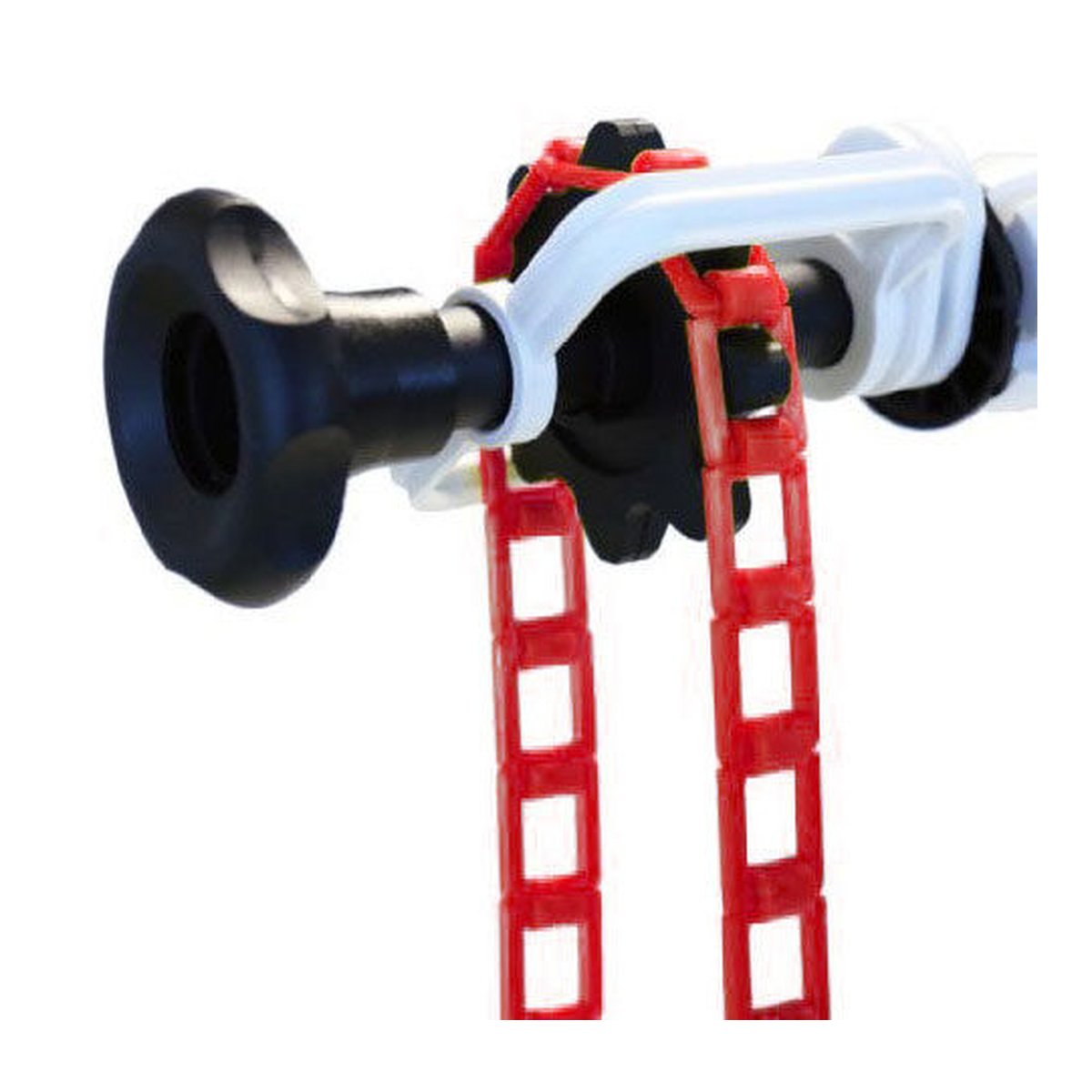Caruba-Papierrollen-Halter B-Reel Pro - Detailansicht eines schwarzen Endstücks mit weißer Halterung und roten Gliederketten. Caruba-Papierrollen-Halter B-Reel Pro - Detailansicht eines schwarzen Endstücks mit weißer Halterung und roten Gliederketten.