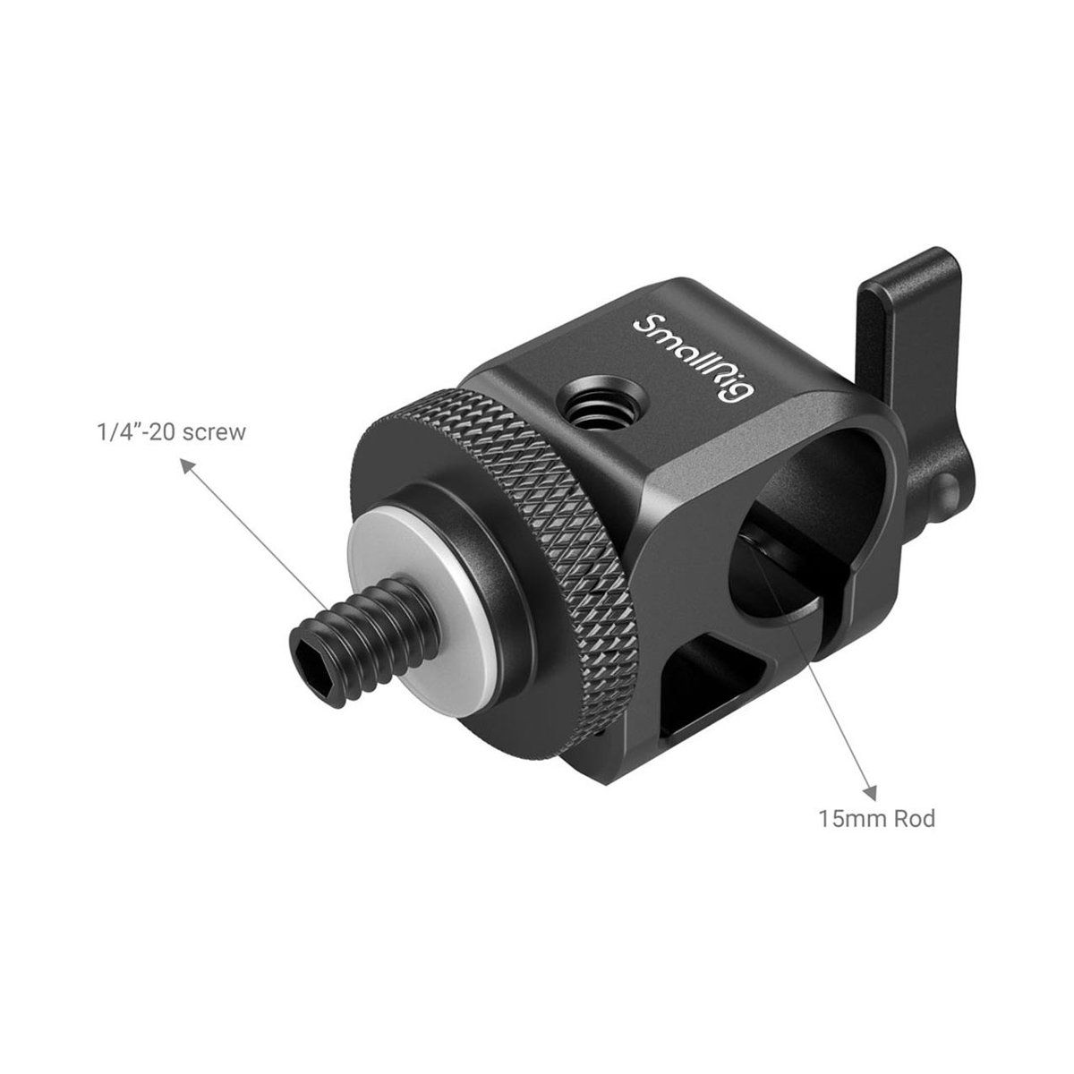 SmallRig 860B Single Rail Block Stativadapter - Detailansicht des SmallRig Rod Clamp mit 1/4-20 Schraube und 15mm Stangenhalterung.