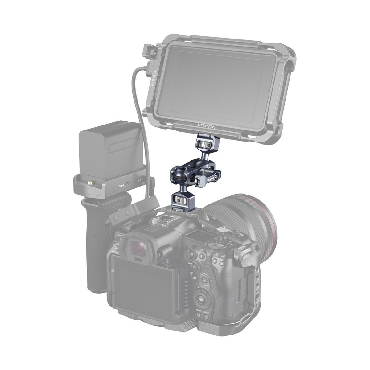SmallRig 3873 Magic Arm mit Doppelkugelkopf (1/4"-20-Schrauben) - Anwendungsbeispiel: Monitorhalterung auf Kamerabody befestigt SmallRig 3873 Magic Arm mit Doppelkugelkopf (1/4"-20-Schrauben) - Anwendungsbeispiel: Monitorhalterung auf Kamerabody befestigt