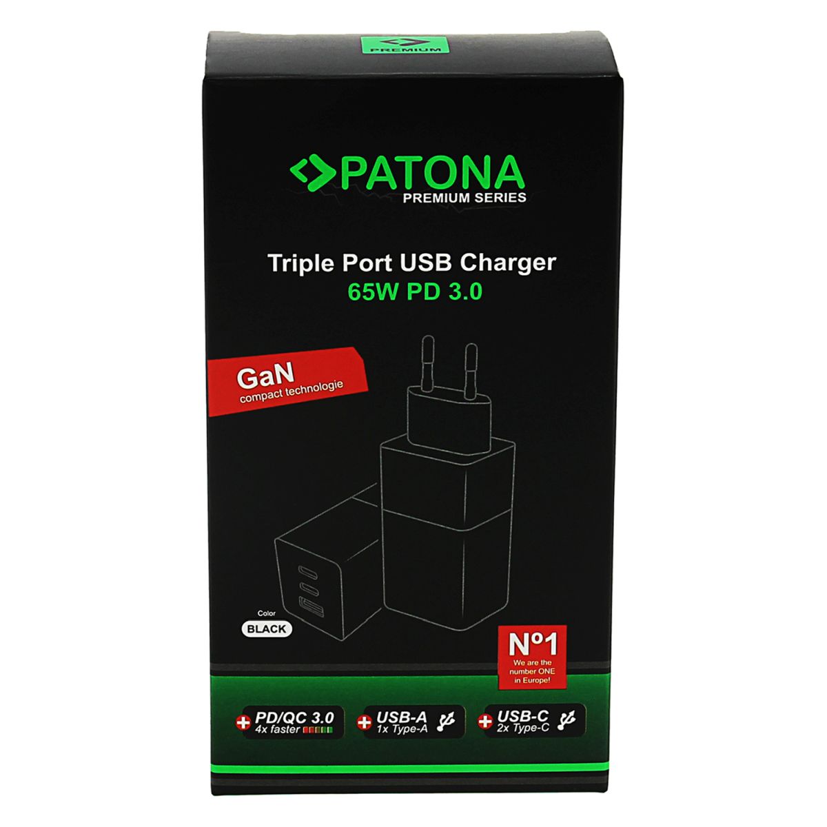 Patona Premium GaN PD65W Adapter 2xUSB-C 1xUSB-A PD3.0 QC3.0