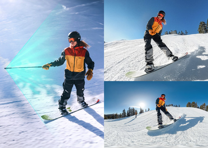 Snowboarder im Einsatz mit der Insta360 X5 – 360° Actionkamera zeigt flexibles Framing und unterschiedliche Bildausschnitte in einer Aufnahme