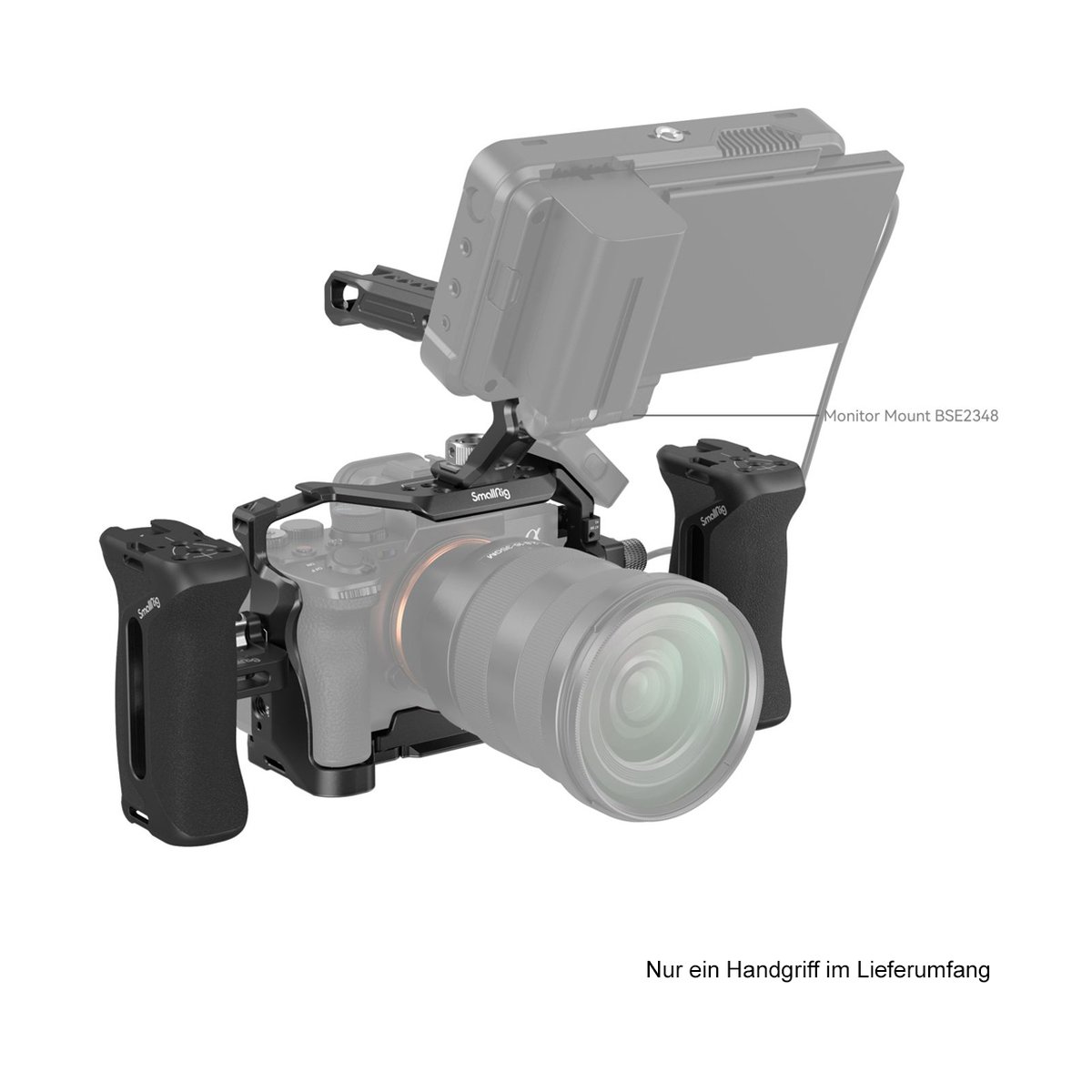 SmallRig 3669C Advanced Kit für Sony Alpha 7R V / 7 IV / 7S III - Anwendungsbeispiel eines SmallRig Kamerarigs mit Cage, zwei Handgriffen und Monitorhalterung an einer Kamera.
