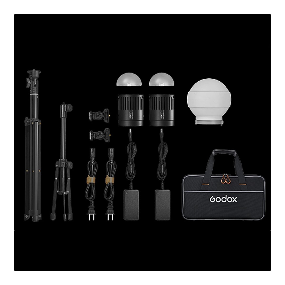 Godox Litemons LED Tabletop Video Light Double Light Kit - Lieferumfang des Godox Foto-Beleuchtungssets mit Stativen, Lichtern, Kabeln und Tragetasche.