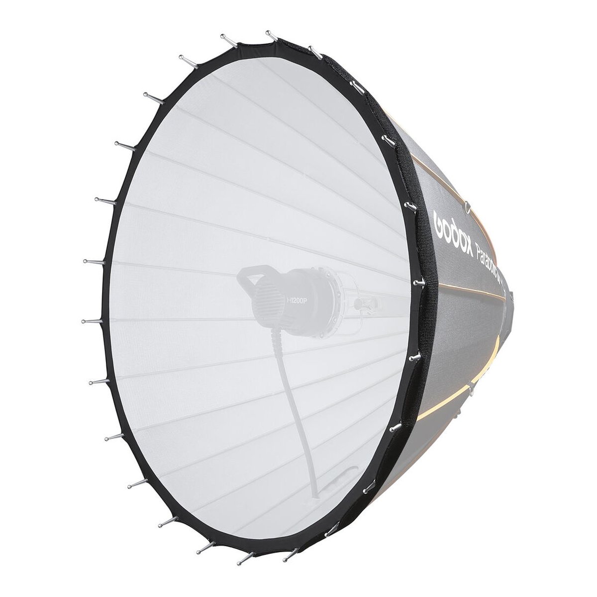 Godox Diffusor 1 für Parabolic 128 - Frontansicht einer Parabol-Softbox mit weißem Diffusor und innen montiertem H1200P Blitzkopf.
