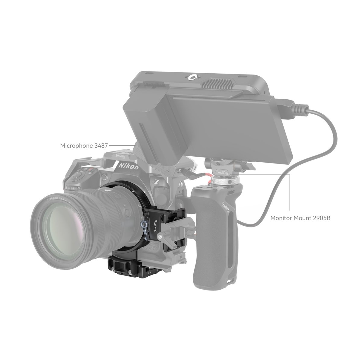 SmallRig 4306 Drehbares Horizontal- Vertikal-Montageplatten-Kit für Nikon Z - Anwendungsbeispiel Mikrofon 3487 und Monitorhalterung 2905B an Kamerarig