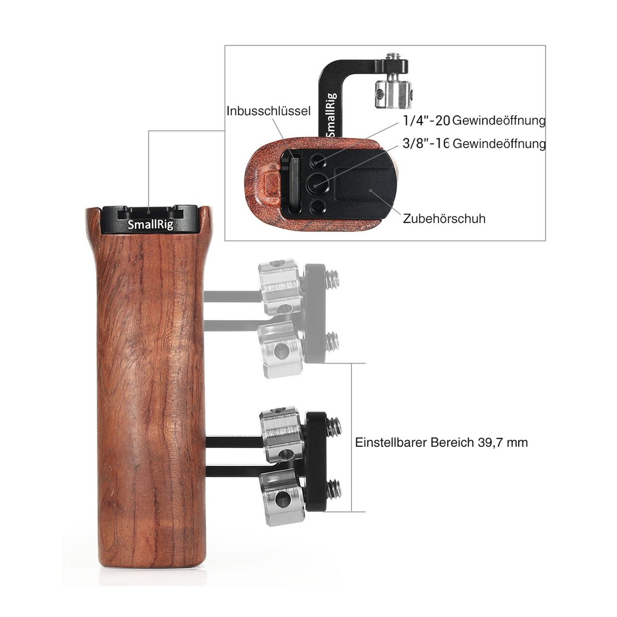 SmallRig 2093 Universeller Holzgriff justierbar - Detailansicht mit Beschriftungen von Gewindeöffnungen, Zubehörschuh, Inbusschlüssel und Einstellbereich.