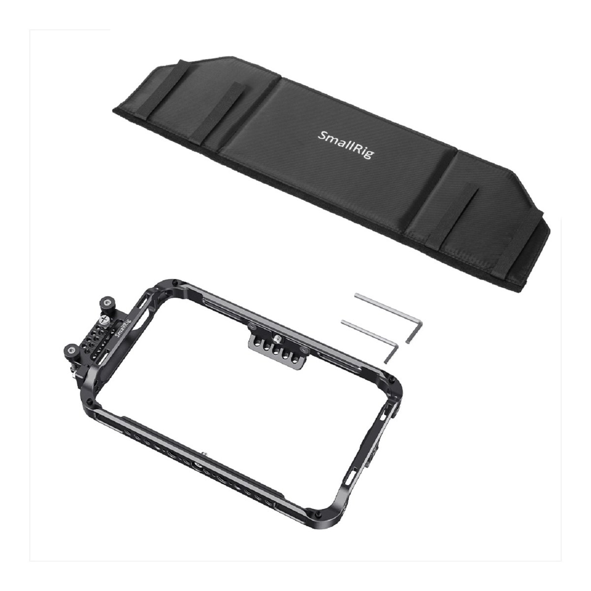 SmallRig 2409 Cage Kit und Sunhood für Atomos Shogun 7 - Lieferumfang: SmallRig Kameracage, Top-Handle und Werkzeuge.