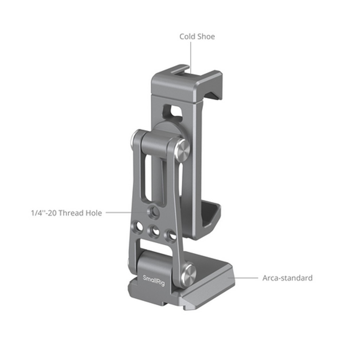SmallRig 5338 Arca-Standard Phone Supp. Telefonklemme - Detailansicht der Hauptfunktionen: Cold Shoe, 1/4"-20 Gewinde, Arca-Standard.