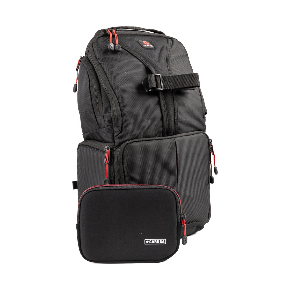 Caruba Neopren-Aufbewahrungstasche S - Lieferumfang: Schwarzer Kamera-Rucksack und Zubehörtasche.
