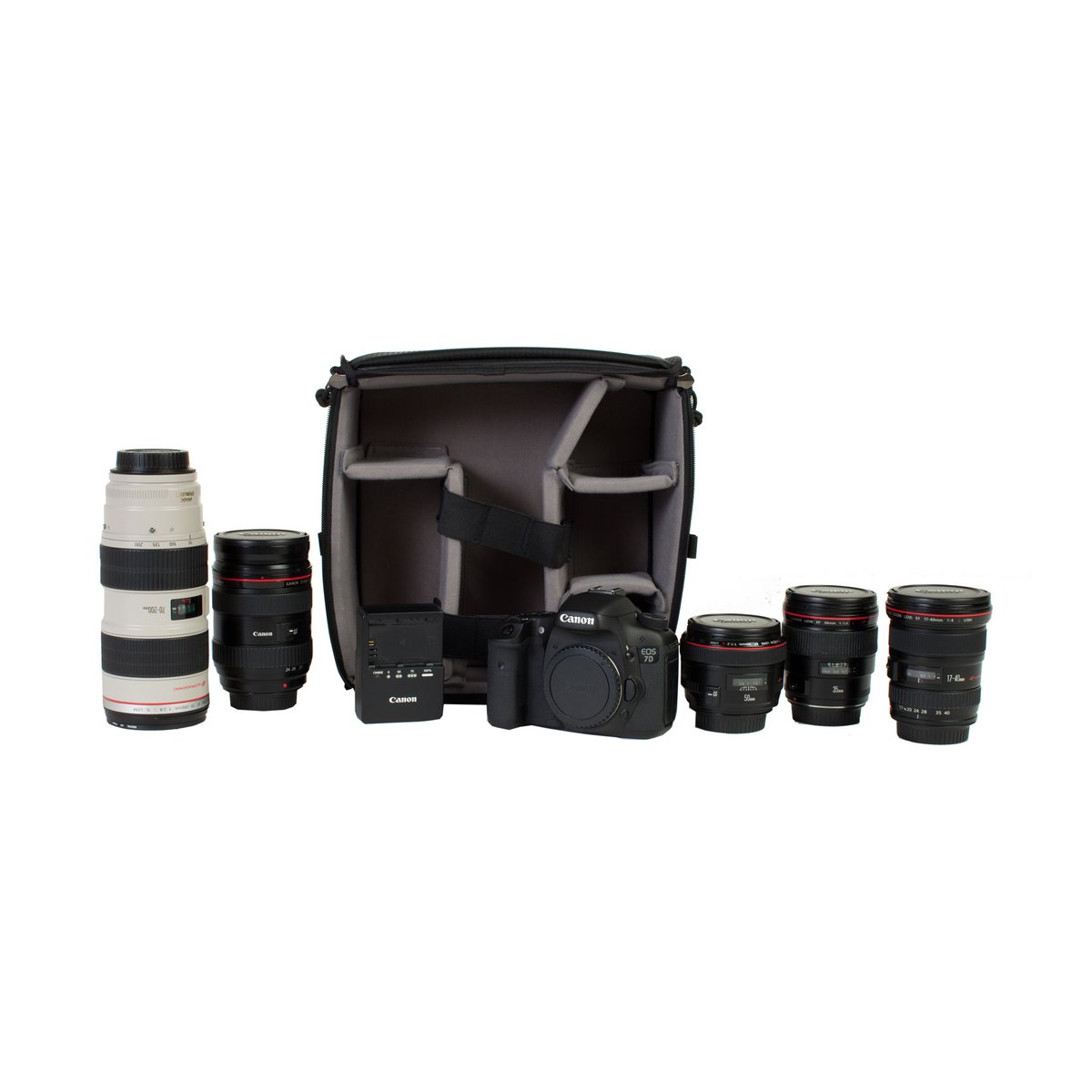 F-Stop ICU Medium - Shallow - Lieferumfang: Canon EOS 7D Kamera, 5 Objektive, Ladegerät und Kameratasche