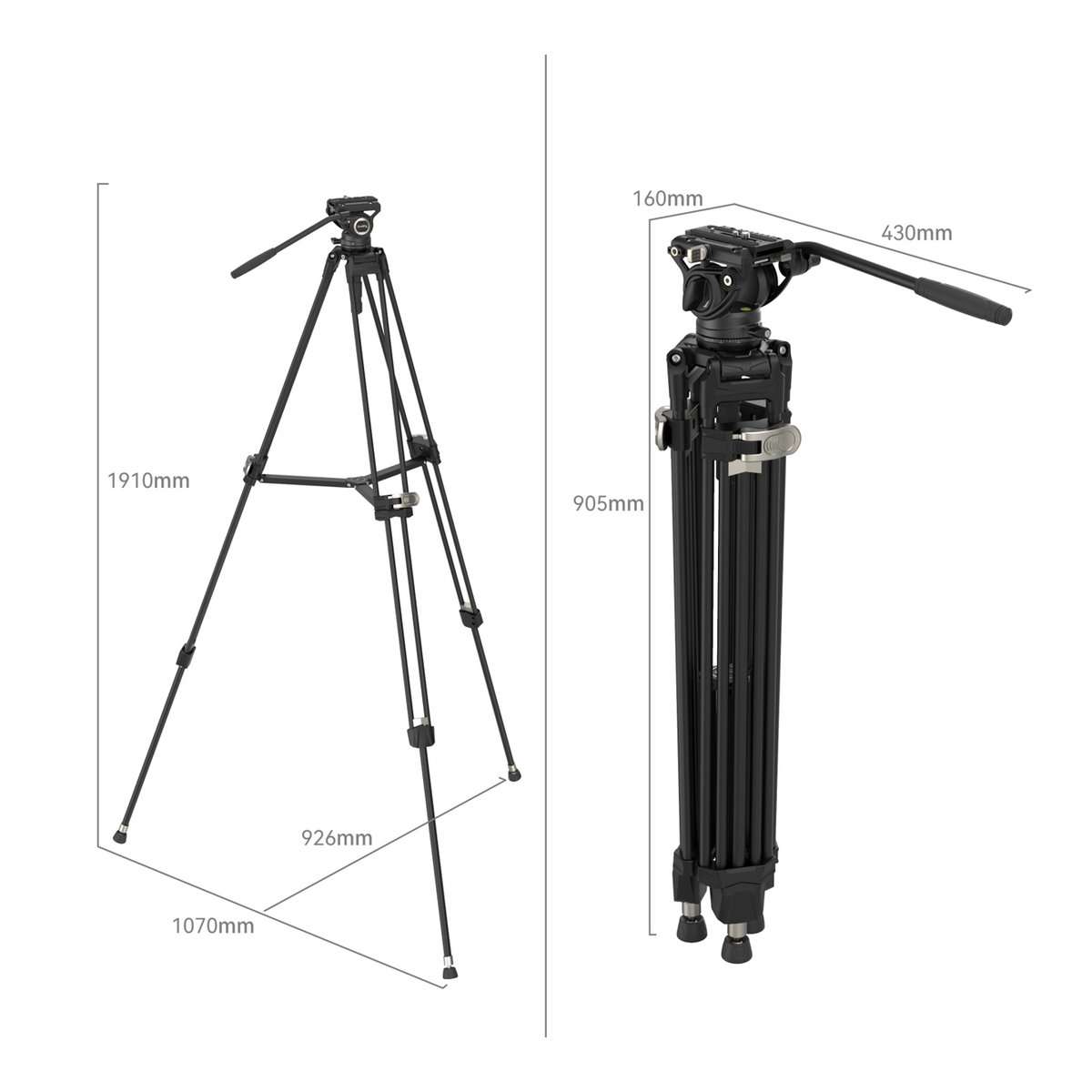 SmallRig 4163 FreeBlazer Heavy Duty Stativ Kit - Maße des Stativs, ausgefahren und zusammengeklappt