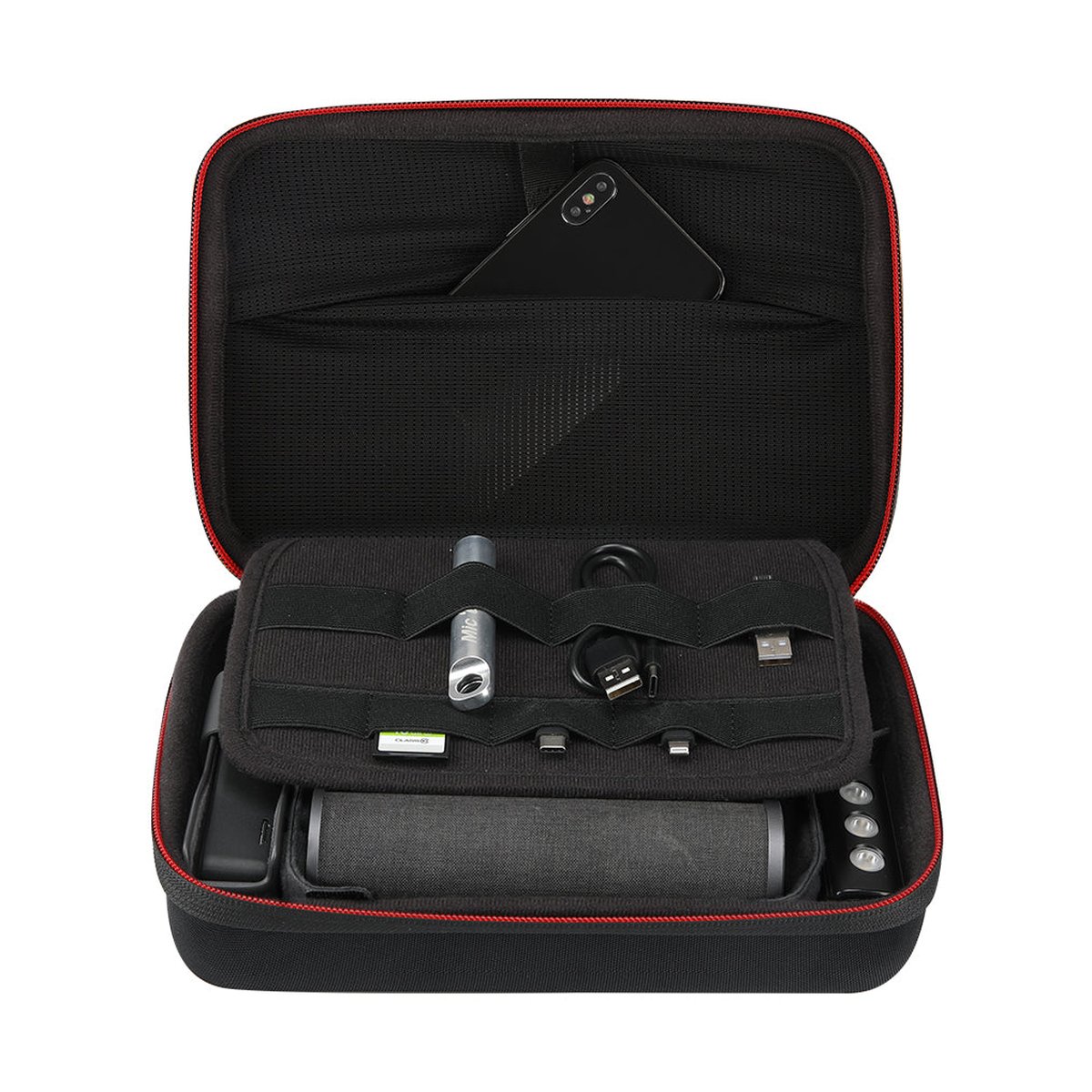 PGYTECH Osmo Pocket Carrying Case - Anwendungsbeispiel: Lautsprecher, Smartphone & Zubehör im geöffneten Etui