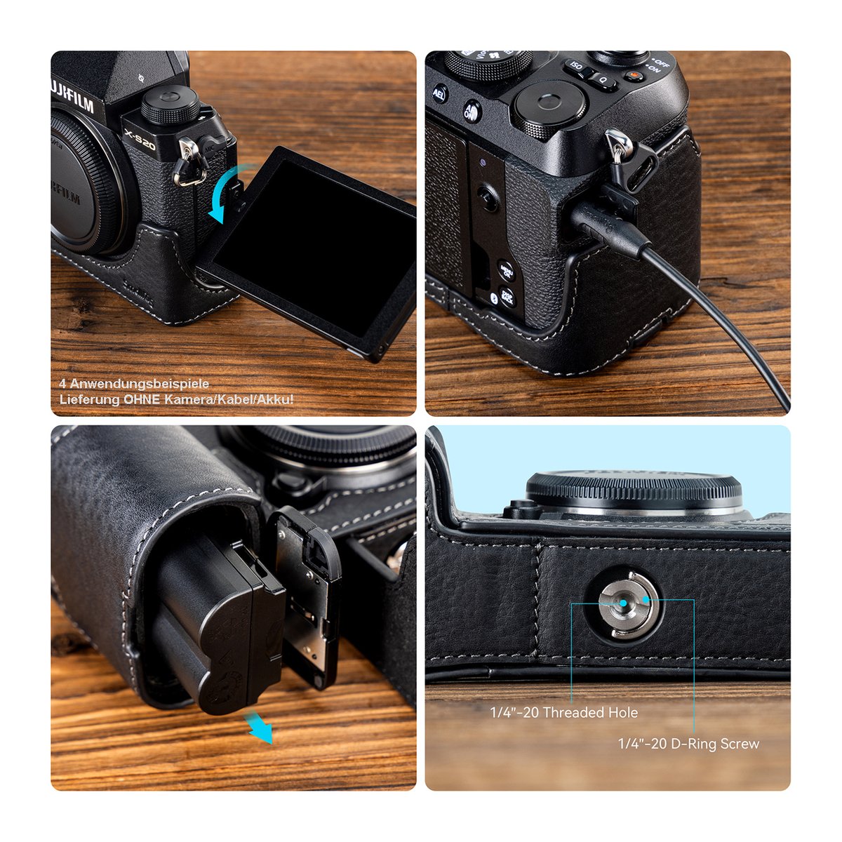 SmallRig 4232 Leather Case für Fujifilm X-S20 - Anwendungsbeispiele der Kameratasche: Beweglicher Bildschirm, Ladeanschluss, Batteriefach & Stativgewinde.