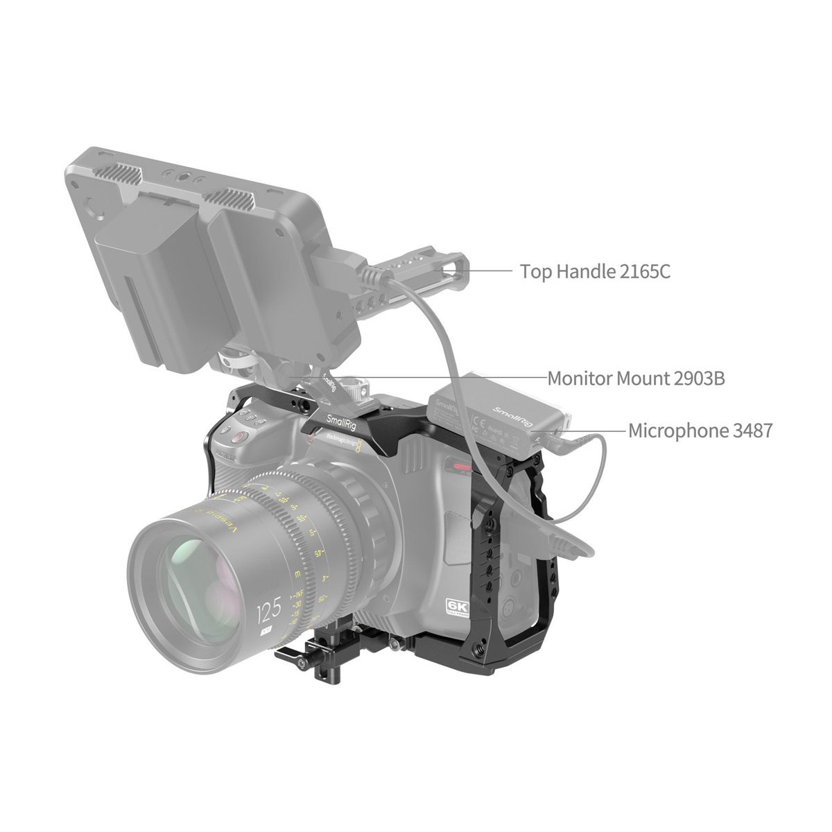 SmallRig 4785 Camera Cage f. BMCC 6K (Vollformat) - Anwendungsbeispiel Kamera-Rig mit SmallRig Top Handle, Monitor Mount und Mikrofon.