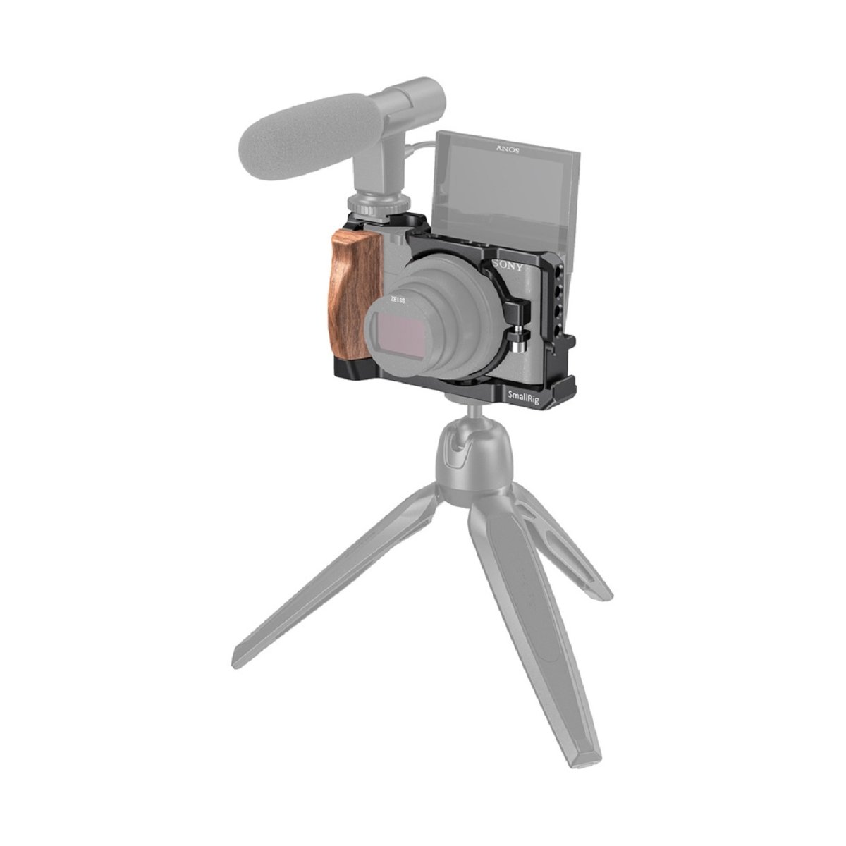 SmallRig 2434 Cage für Sony RX100 VI/VII - Anwendungsbeispiel: Kamera in SmallRig Cage mit Mikrofon und Stativ