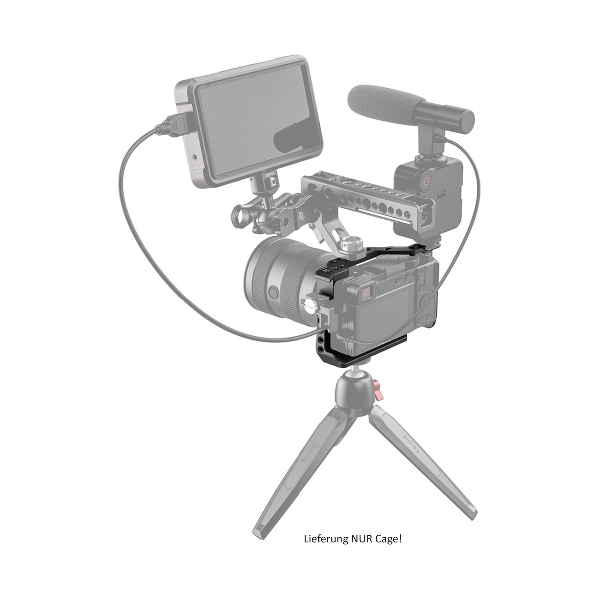 SmallRig 2493 Cage für Sony A6600 - Anwendungsbeispiel: Kamera-Cage mit externem Monitor & Mikrofon an Kamera montiert. Lieferung NUR Cage.