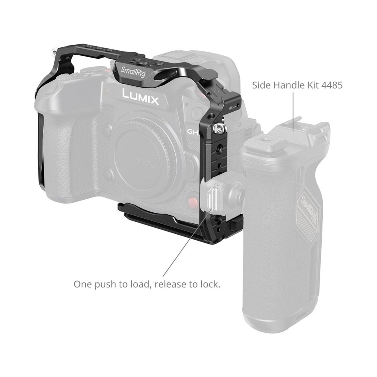 SmallRig 4824 HawkLock QR f. Lumix GH7 / GH6 - Anwendungsbeispiel: Seitenhandgriff 4485, Montage am Kamerakäfig mit Schnellverschluss.