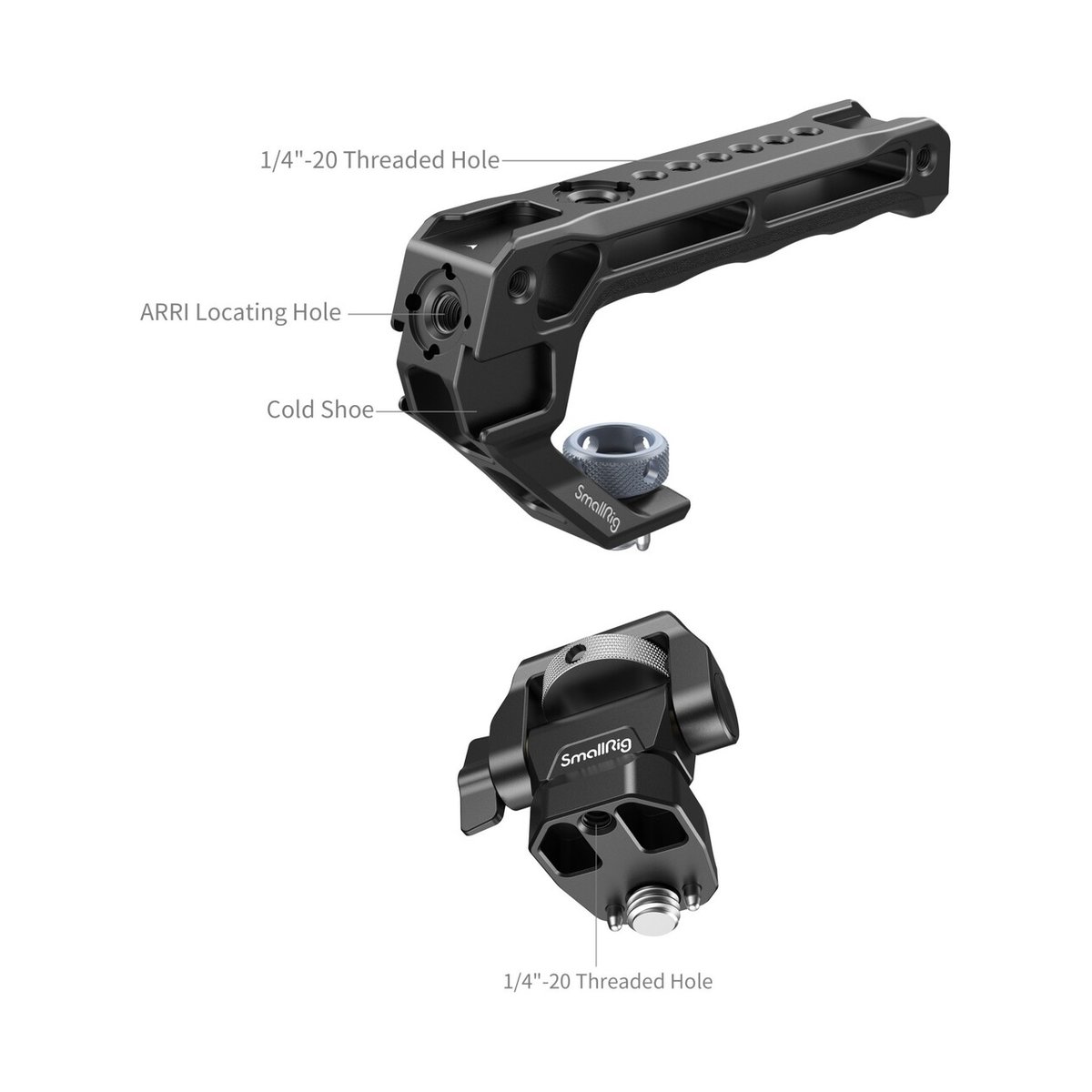 SmallRig 5323 Top Handle with Monitor Support Kit Comp.with ARRI 3/8"-16 Screw - Detailansicht mit Montagepunkten und Anschlüssen