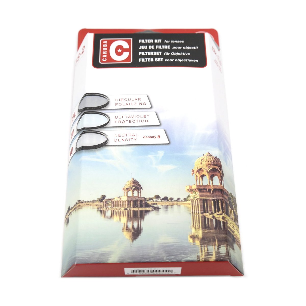 Caruba UV+CPL+ND8 Filter Set 49mm - Verpackung, Vorderseite des Caruba Filter-Kits für Objektive, mit Auflistung der Filtertypen (Pol, UV, ND).