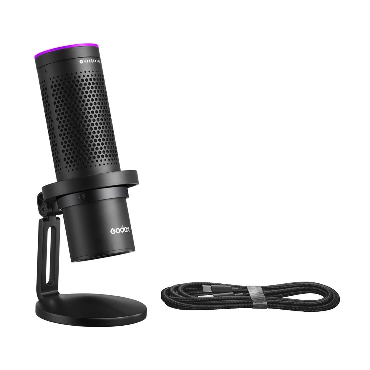Godox RGB USB Condenser Microphone (w/ app control) EM68G - Lieferumfang: Schwarzes Godox USB-Mikrofon mit Standfuss und USB-C-Kabel
