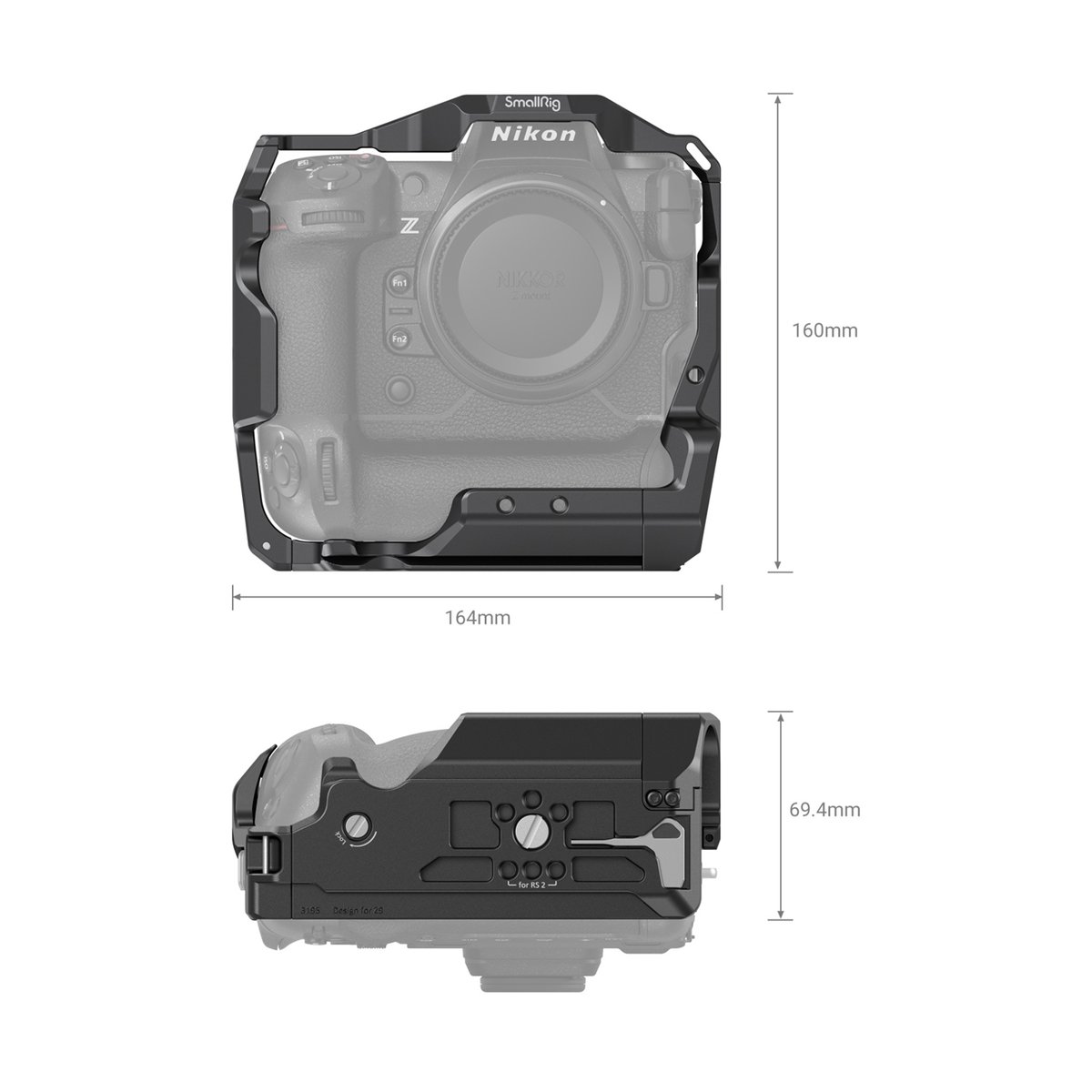 SmallRig 3195 Cage für Nikon Z9 - Kamerakäfig mit Kamera in Front- und Unteransicht mit Maßen.
