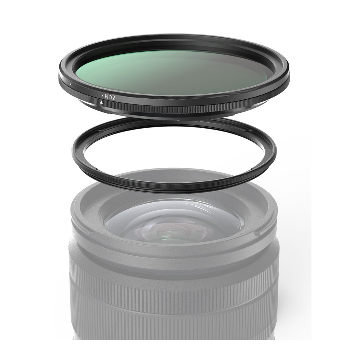 SmallRig 4725 Attachable VND Filter Kit ND2-ND32 (1-5 St) + T-Mount Adapter 67 mm - EXPLOSIONSANSICHT: ND-Filter und Adapterring schwebend über Kameraobjektiv