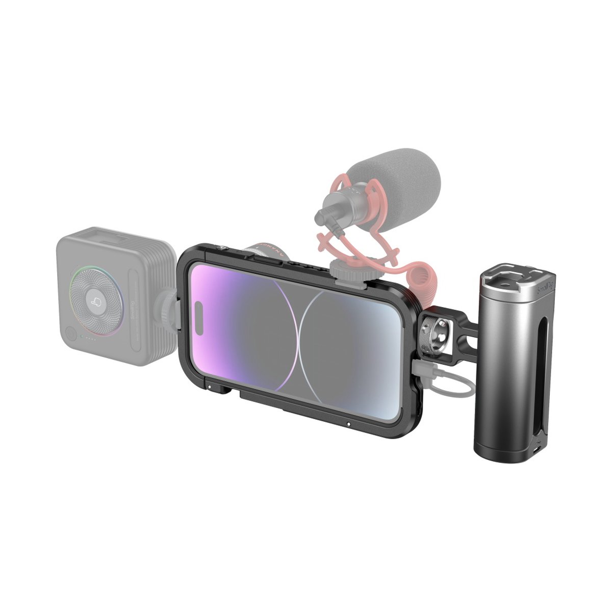 SmallRig 4100 Mobile Video Cage Kit (Single Handheld) for iPhone 14 Pro - Anwendungsbeispiel des Smartphone-Rigs mit Licht, Mikrofon und Handgriff.