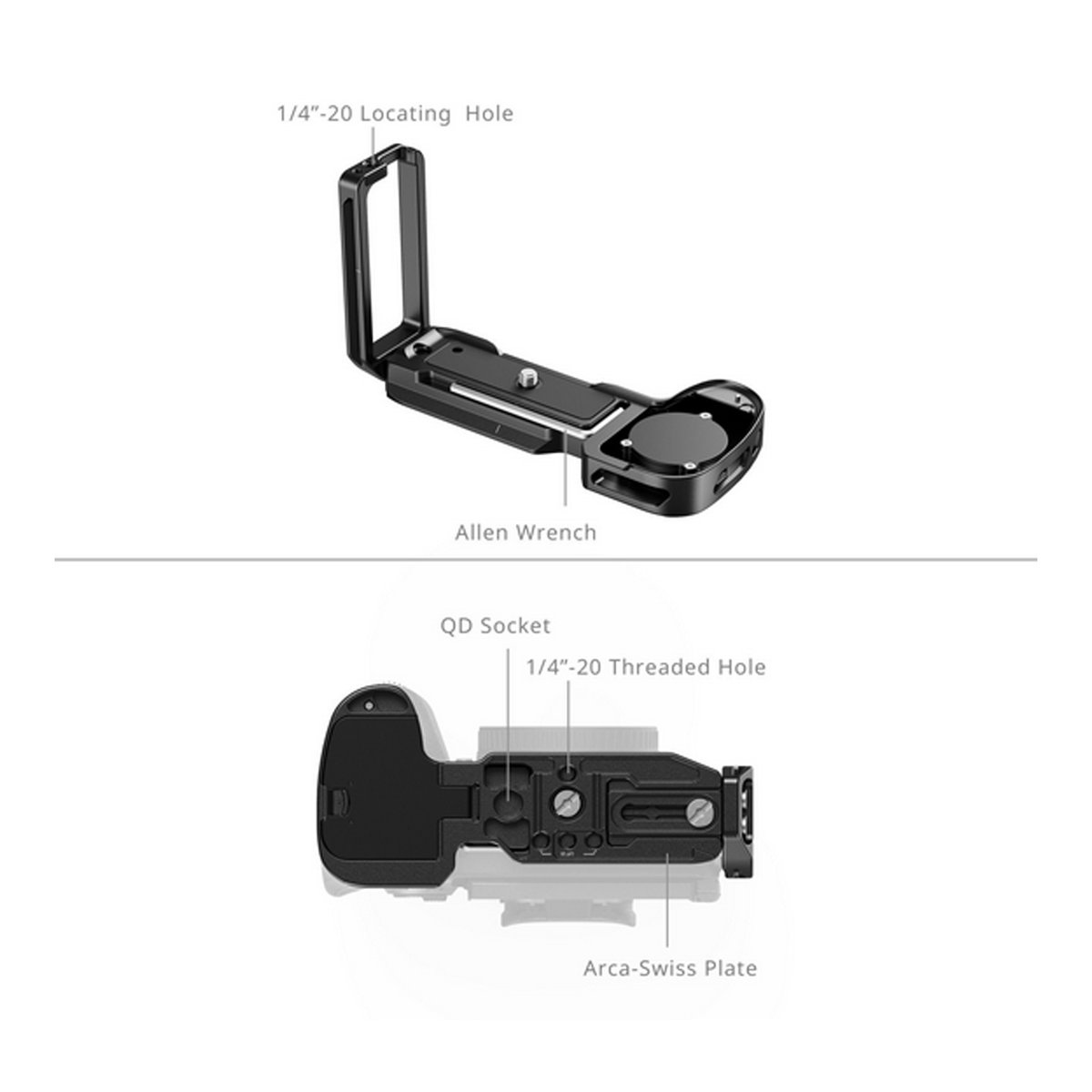 SmallRig 5188 L-förmige Montageplatte für Sony Alpha 1 II/Alpha 9III - Detailansicht der Kamera-L-Halterung mit beschrifteten Funktionen: 1/4 Zoll Gewinde, QD-Buchse und Arca-Swiss Platte.