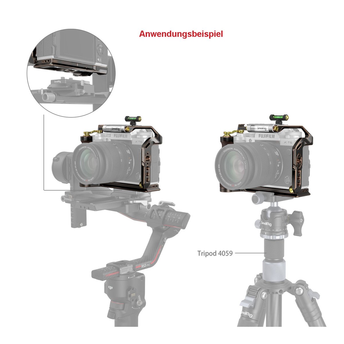 SmallRig 3870 Retro Cage für Fujifilm X-T5 - Anwendungsbeispiel: Kameracage an Fujifilm Kamera auf Gimbal und Stativ.
