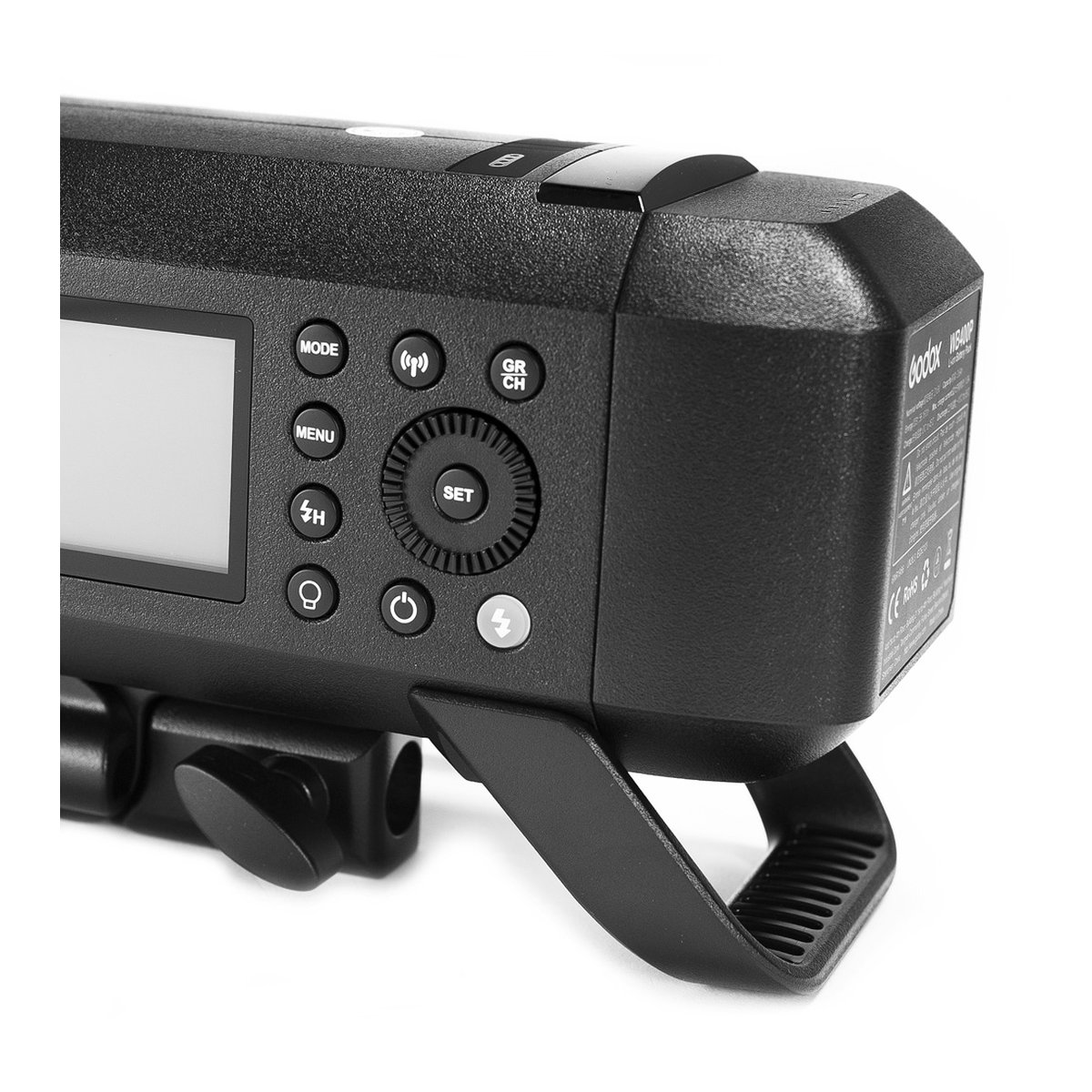 Godox Witstro AD400 Pro - Detailansicht eines Godox Studioblitzes: Bedienfeld mit Display, Tasten und seitlicher Halterung.