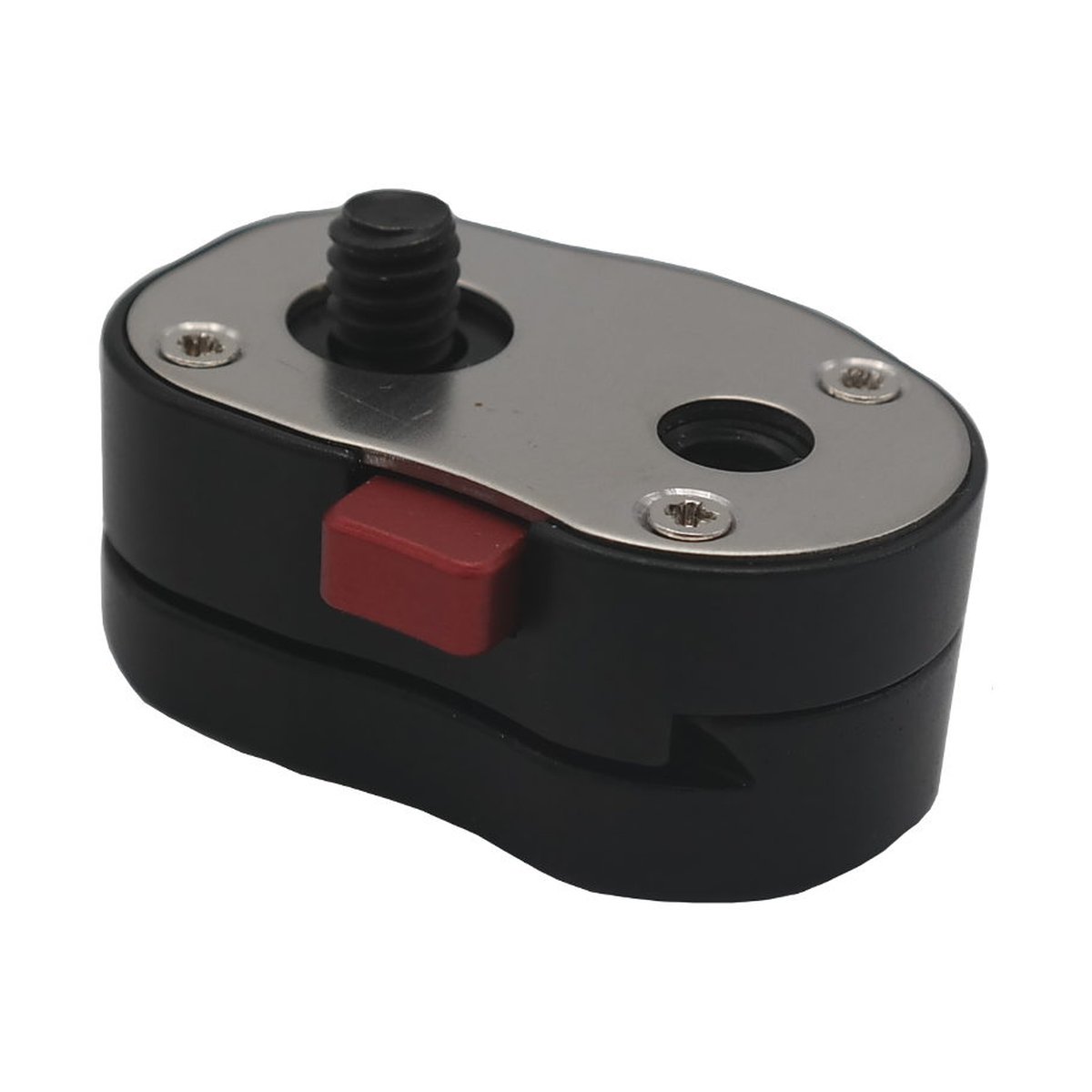 Caruba Schnellwechselplatte für Monitor - DETAILANSICHT: SCHWARZER SCHNELLWECHSELADAPTER MIT SILBERNER PLATTE, GEWINDESCHRAUBE UND ROTEM KNOPF.
