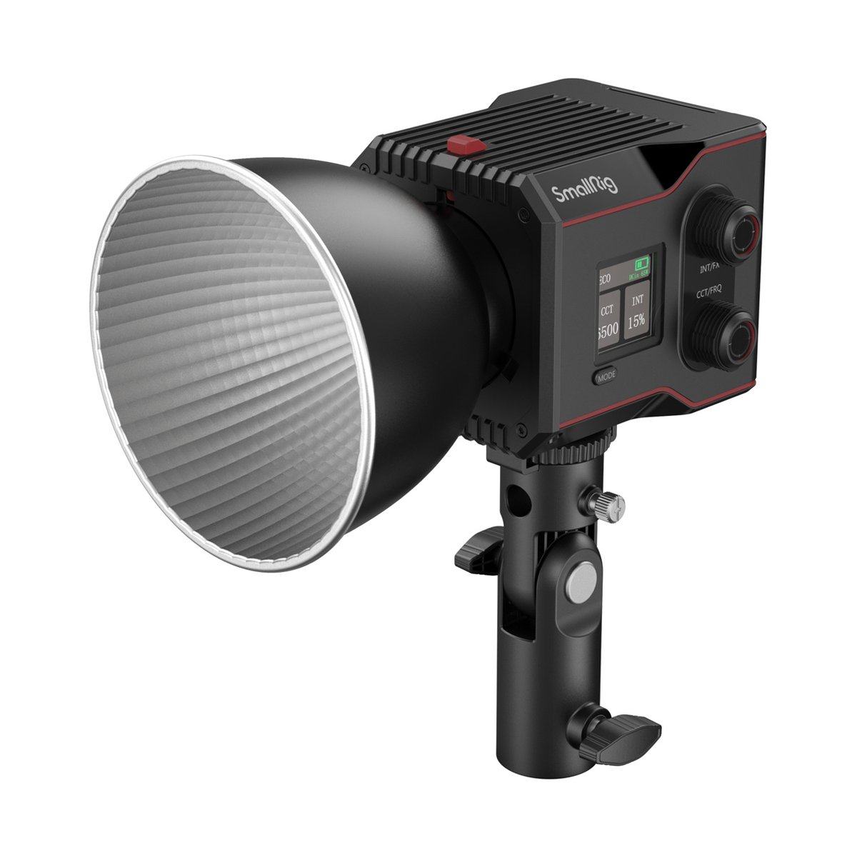SmallRig 4376 RC 60B Bi-Color LED-Videoleuchte - SmallRig COB-Licht mit Reflektor: ¾ Ansicht mit Display und Bedienelementen.
