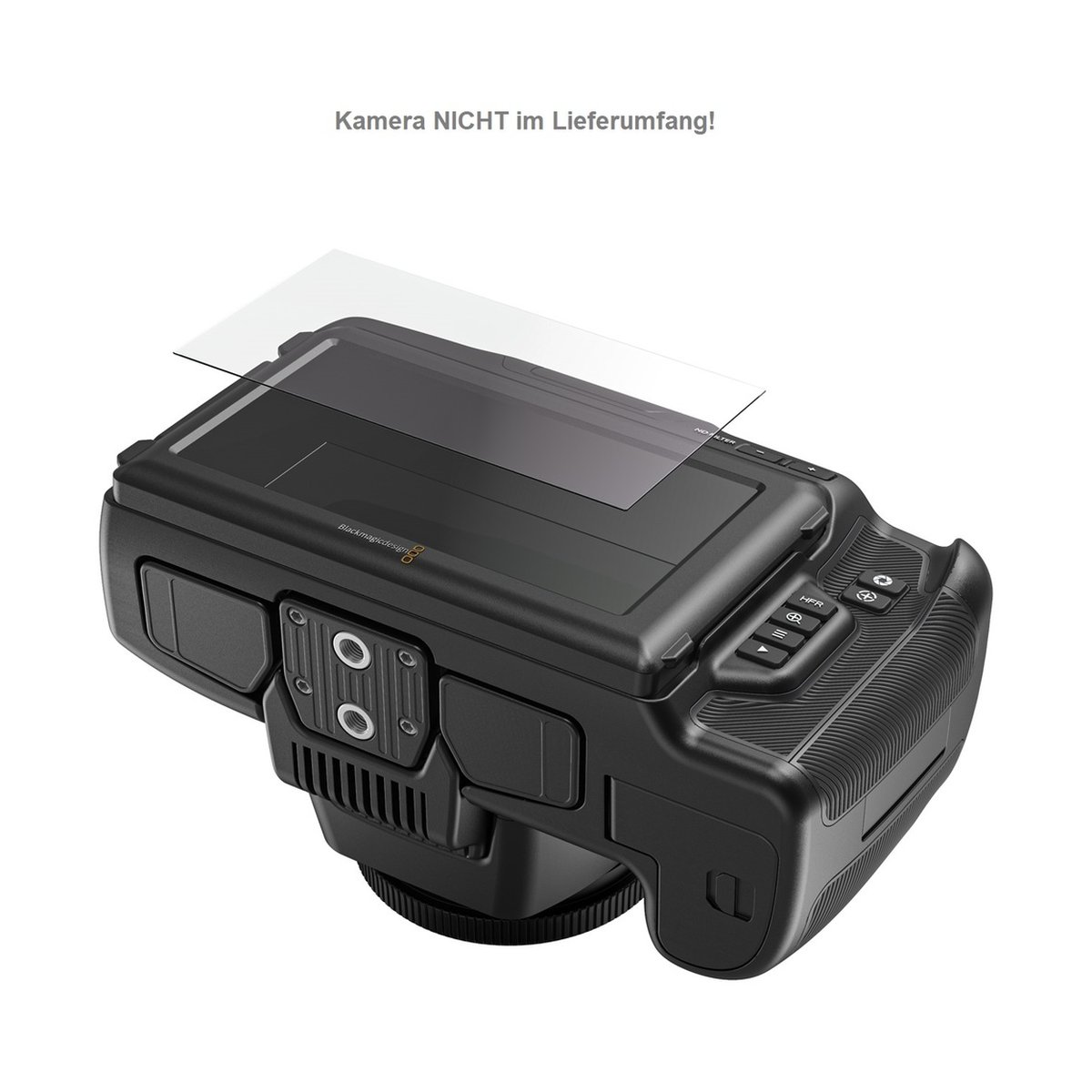 SmallRig 3274 Screen Protector für BMPCC 6K PRO (2 pcs) - Anwendungsbeispiel: Schutzfolie über Top-Display der Blackmagic Kamera. Hinweis: Kamera nicht im Lieferumfang.