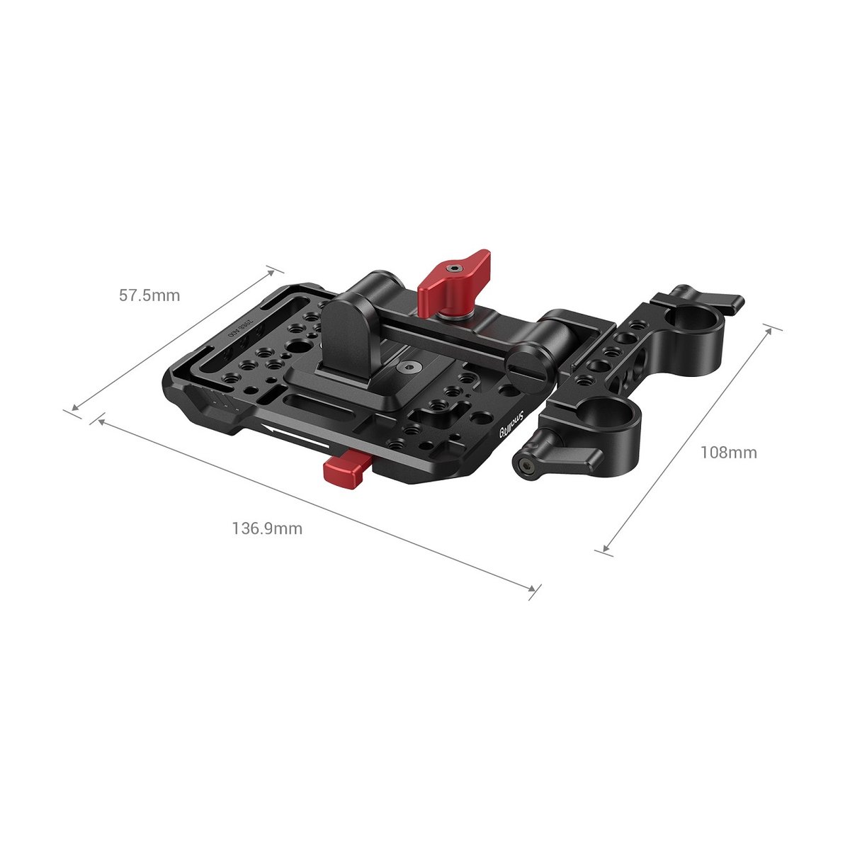 SmallRig 2991 V-Mount-Akku-Adapterplatte mit verstellbarem Arm - Ansicht des SmallRig Kamera-Zubehörs mit Bemaßung