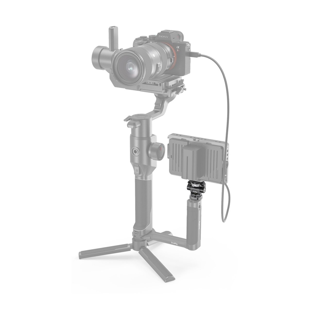 SmallRig 2905B Schwenkbare Monitor- Halterung mit Blitzschuh - Anwendungsbeispiel: Externer Monitor am Gimbal-Handgriff über Gelenkarm befestigt.