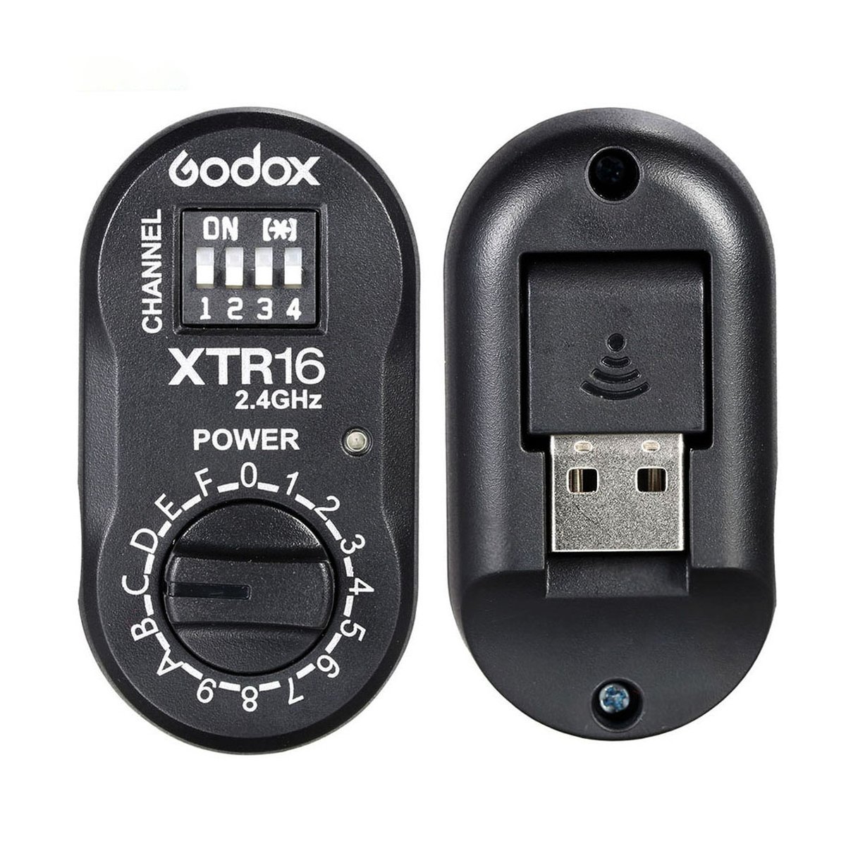 Godox Power Remote Receiver XTR-16 2.4G - Vorder- und Rückansicht des Godox XTR16 Funkempfängers mit Bedienelementen und USB-Anschluss