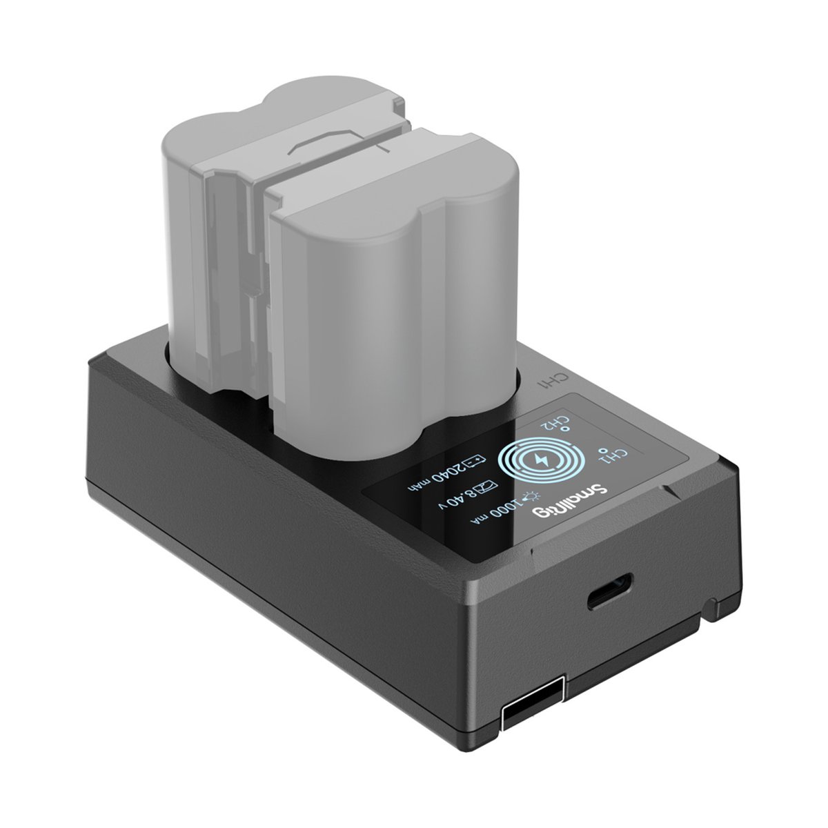 SmallRig 4085 NP-W235 Akku Ladegerät - Anwendungsbeispiel: Zwei Akkus in Dual-Ladegerät mit Ladeanzeige.
