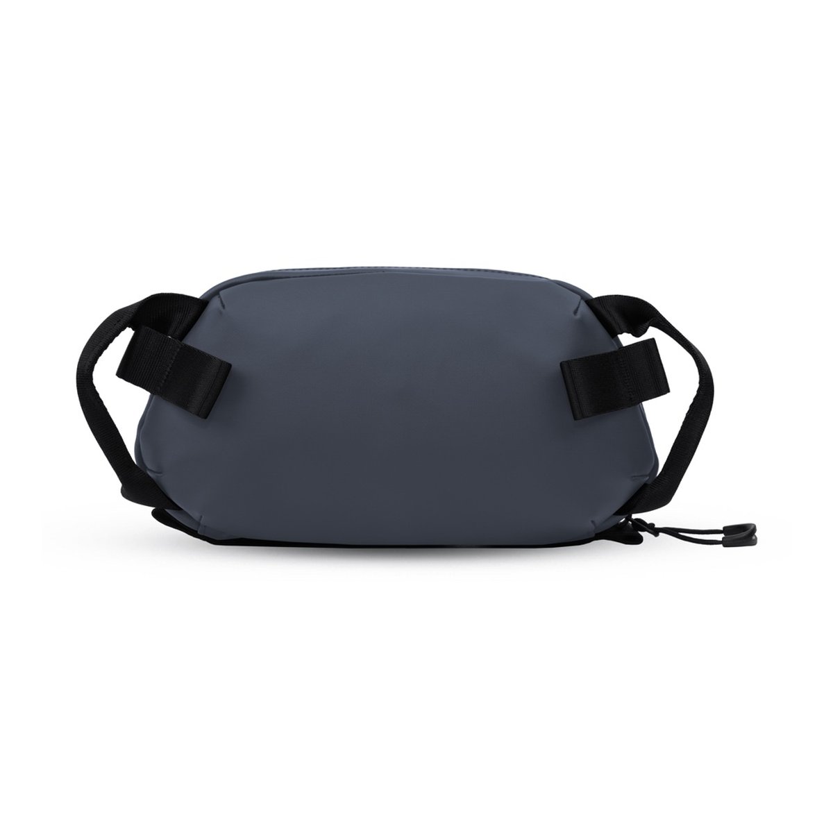 WANDRD Tech Bag Medium Aegean Blue - Rückansicht einer dunkelgrauen Bauchtasche mit schwarzen Gurten, liegend auf weißem Hintergrund.