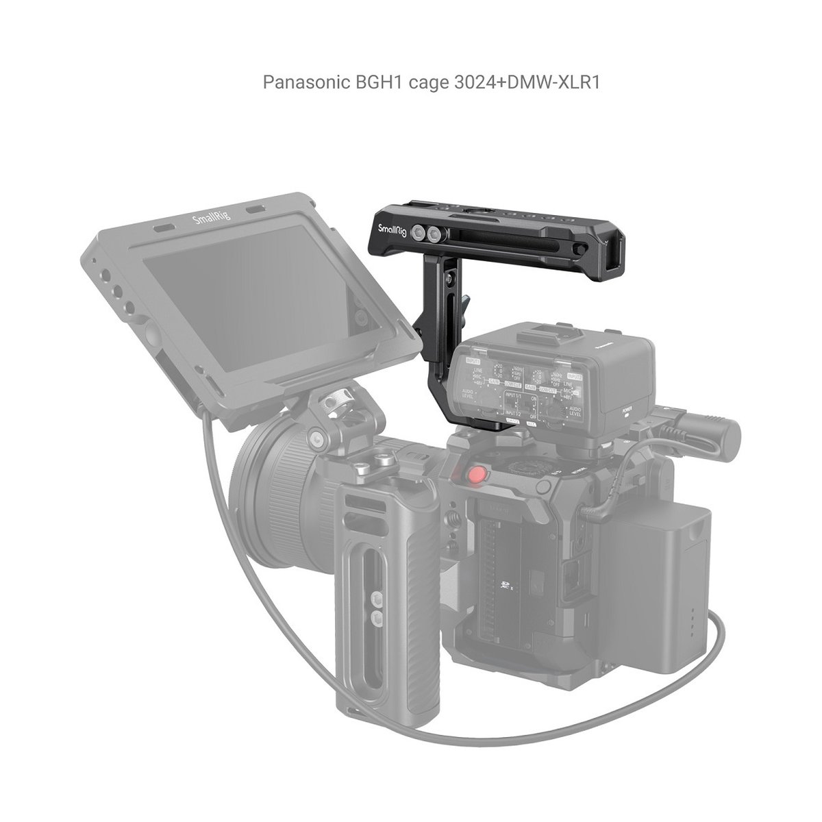 SmallRig 3082 Top Handle Sony XLR K1M, XLR K2M, XLR K3M, DMW XLR1 Adapter - Anwendungsbeispiel des SmallRig Cages für Panasonic BGH1 mit montiertem DMW-XLR1 und Griffen