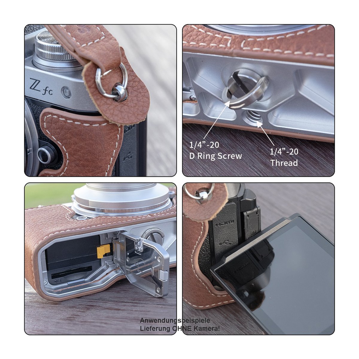 SmallRig 3481 Halbledertasche mit Schulterriemen für Nikon Z fc - DETAILANSICHTEN DER KAMERATASCHE: GURTBEFESTIGUNG, BODENPLATTE, AKKUFACH, SCHWENKBARES DISPLAY