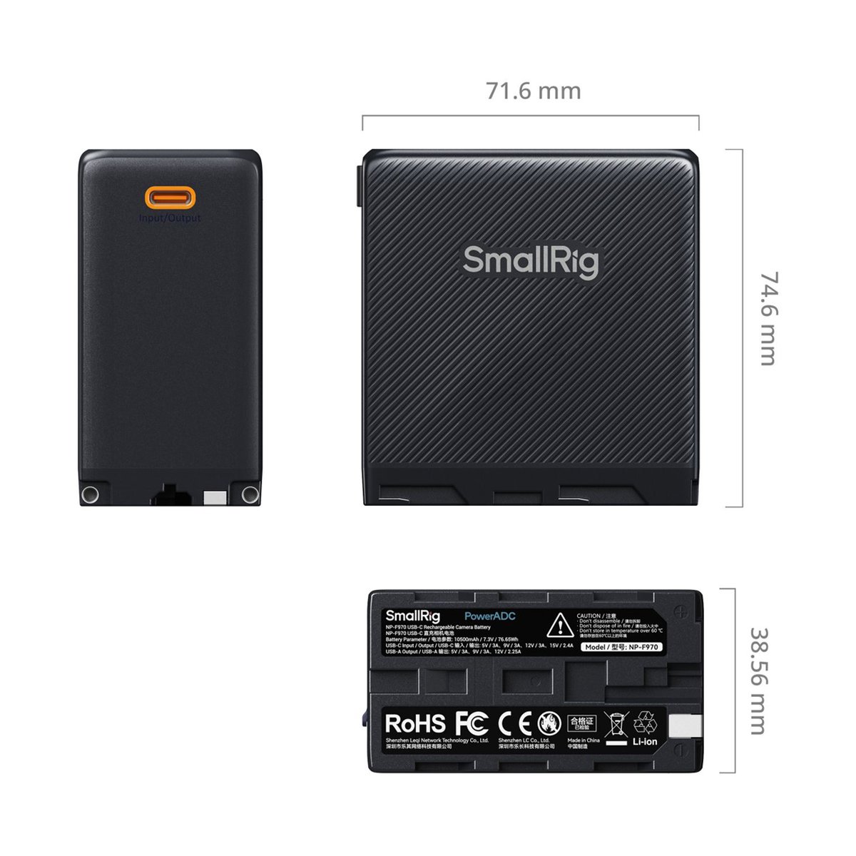SmallRig 4469 NP-F970 Akku, schwarz, USB-C wiederaufladbar - Produktansicht mit Maßen, Anschlüssen und technischen Daten.