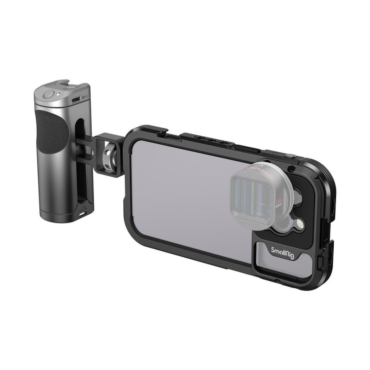 SmallRig 4100 Mobile Video Cage Kit (Single Handheld) for iPhone 14 Pro - Seitenansicht des Smartphone-Video-Rigs mit angebrachtem Anamorphot und seitlichem Griff.