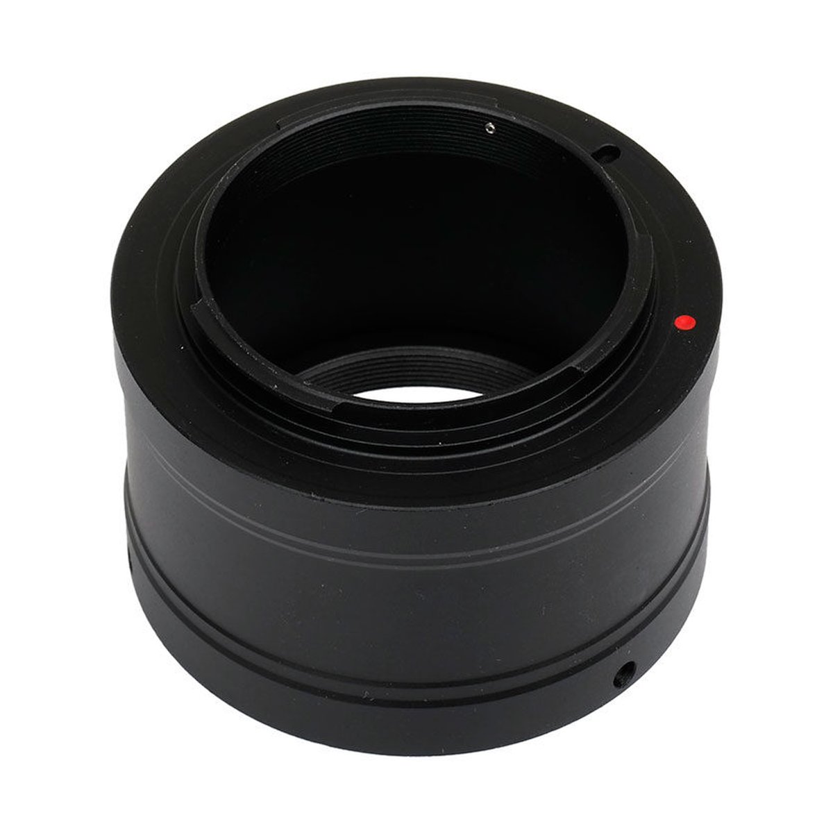 Caruba T-Mount Adapter Canon EOS M - Schrägansicht eines schwarzen T2-Objektivadapters mit Gewinde und rotem Punkt